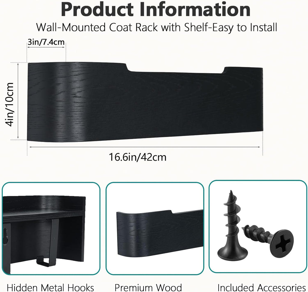 Coat Rack Wall Mount with Hidden Hooks Modern Key Holder Wood Entryway Hook with Shelf for Bedroom Kitchen Hallway Bathroom Designed for Hanging Coats Hats Bags Towels Dog Leashe(Black,4 Hooks)