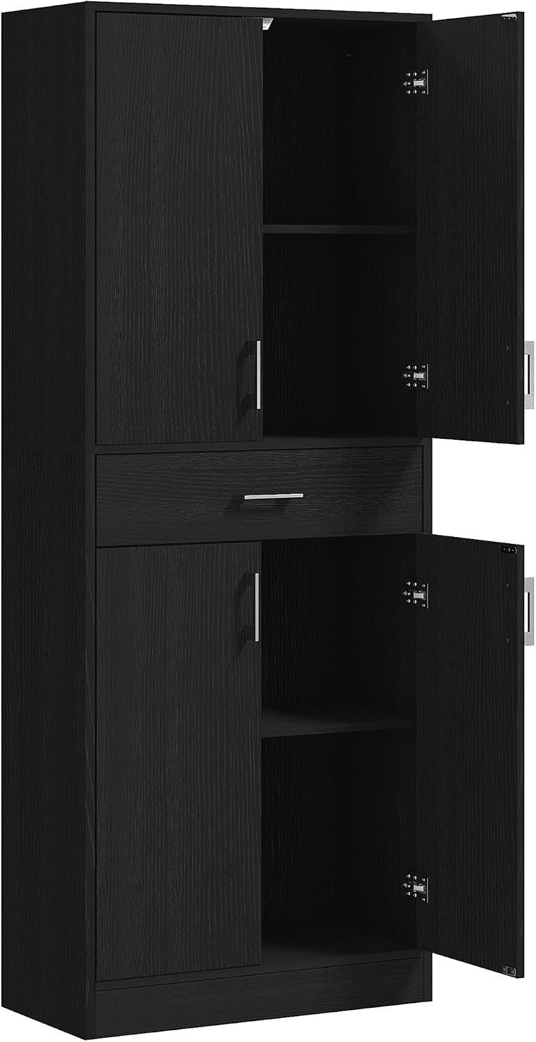 71" Kitchen Pantry, Freestanding Storage Cabinet with Drawer and Adjustable Shelf, 2 Double Door Cupboards, Black, Easy to Maintain, for Dining Room