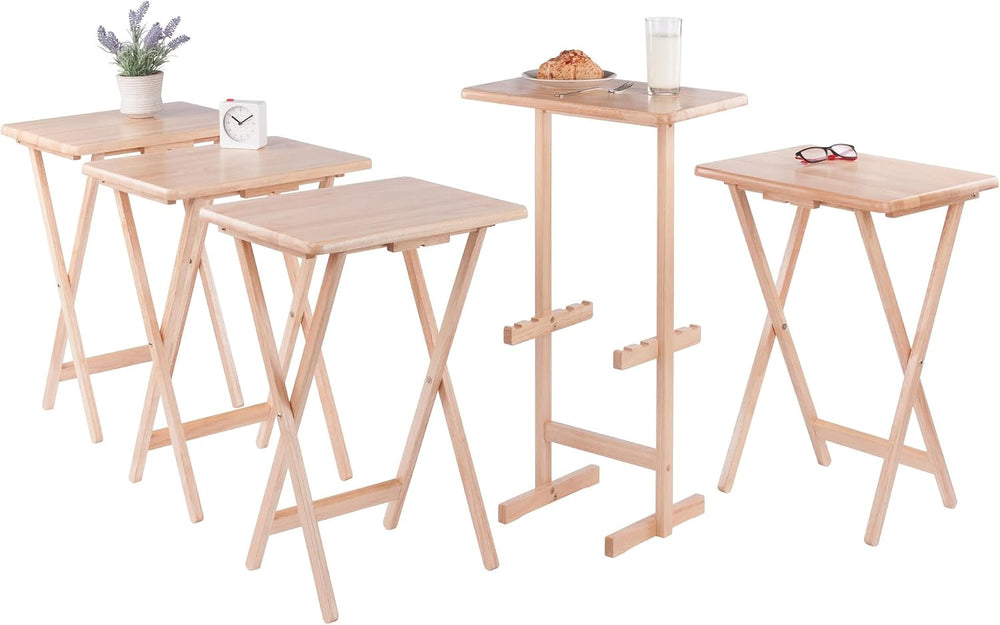 Winsome Riley Set of 4 Snack Tables with Stand in Natural Finish