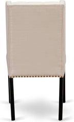 NKFO7-SBB-01-7-Piece Dining Set Consists of a Dining Table and 6 Cream Linen Fabric Kitchen Chairs & Black Legs with Button Tufted Back - Sand Blasting Black Finish.