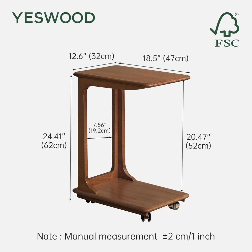 YESWOOD 100% Solid Wood C Shaped Side Table with Wheels, Small Side Table for...
