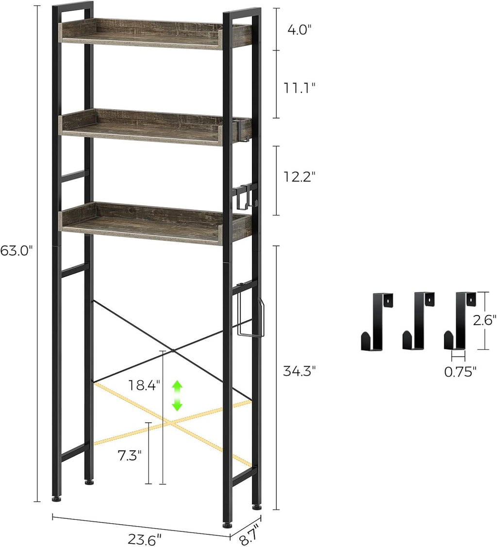 Rolanstar Over The Toilet Storage Rack, 3-Tier Bathroom Space Saver with Adjustable Shelves, Bathroom Organizer for Bathroom, Washroom, Gray