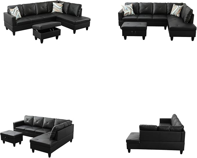Sectional Couches for Living Room with Movable Chaise & Storage Ottoman - 97.5" Leather L Shaped Couches for Living Room Apartment, 4 Seat Home Furniture Modular Sectional Sofas, Black