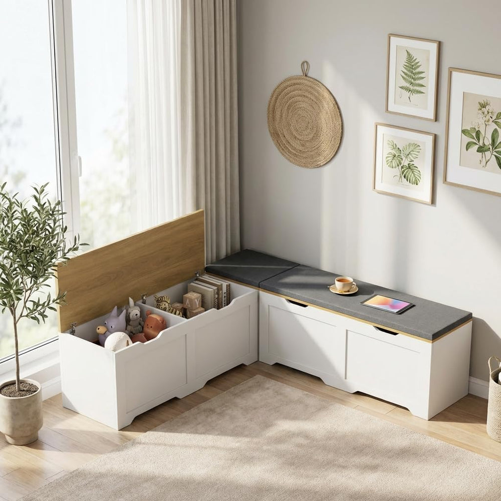 L-Shape Storage Bench with Cushion, 3-Pcs Large Capacity Entryway Chest Corne...