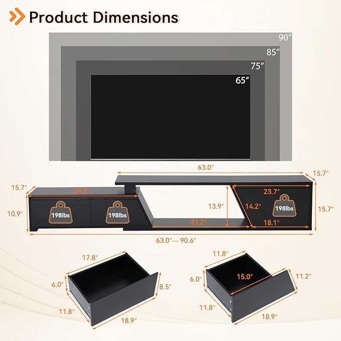 Verano Garden Extendable TV Stand with Led Lights, Wood TV Media Console with 2 Drawers & 1 Cabinet, Modern Entertainment Center Up to 90 Inch TV for Living Room Bedroom, 63" - 90.6" (Black)