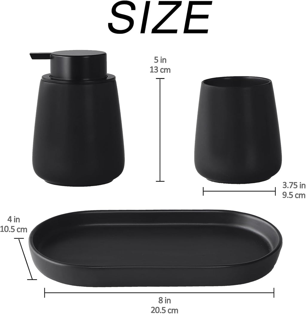 Matte Black Bathroom Accessory Set - 3pcs Ceramic Soap Dispenser Set Vanity Countertop Accessories Set, Includes Refillable Lotion Hand Soap Dispenser, Toothbrush Holder and Tray (Liquid Pump)