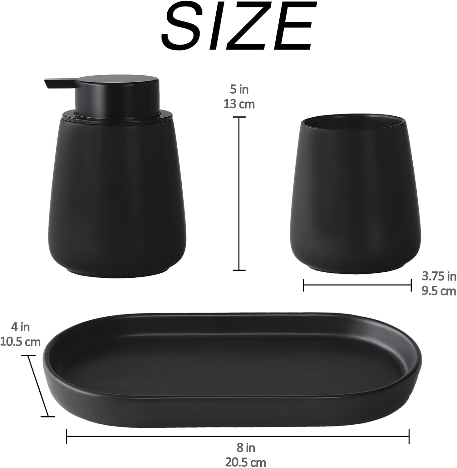 Matte Black Bathroom Accessory Set - 3pcs Ceramic Soap Dispenser Set Vanity Countertop Accessories Set, Includes Refillable Lotion Hand Soap Dispenser, Toothbrush Holder and Tray (Liquid Pump)