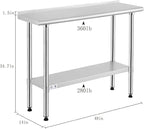 ROCKPOINT Stainless Steel Table for Prep & Work with Backsplash 14x48 Inches, NSF Metal Commercial Kitchen Heavy Duty Table with Adjustable Under Shelf and Table Foot for Restaurant, Home and Hotel