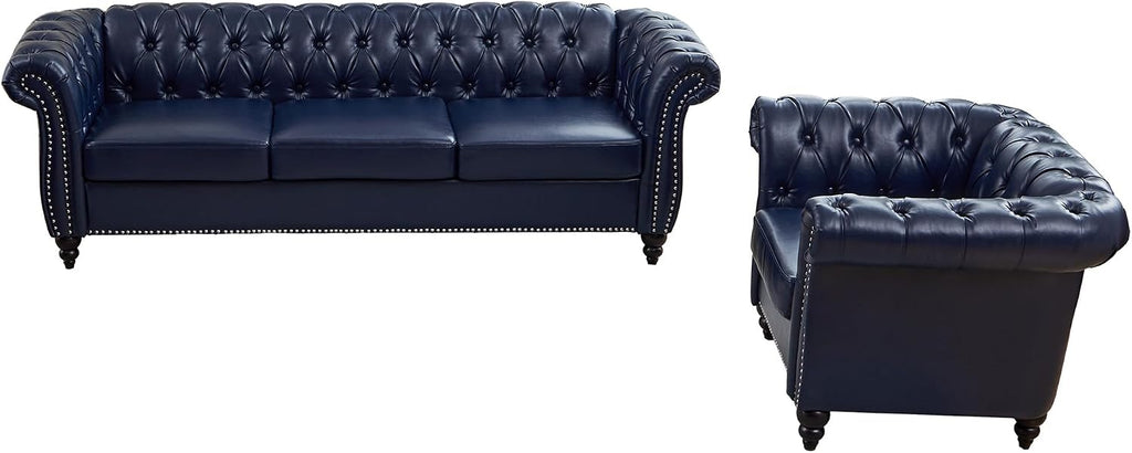 QHITTY 2 Piece Living Room Set, Chesterfield Sectional Sofa Chair Contemporary Upholstered Leather Loveseat Couch Sets for Living Room, Bedroom, Office (Blue)