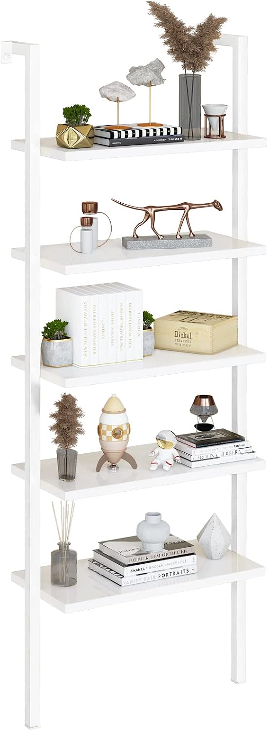 5-Tier Book Shelf Rack Against The Wall, Tall Ladder Shelf Wooden, Single Standing Bookshelf Ladder for Living Room, Bedroom, Balcony, Home Office, White/White