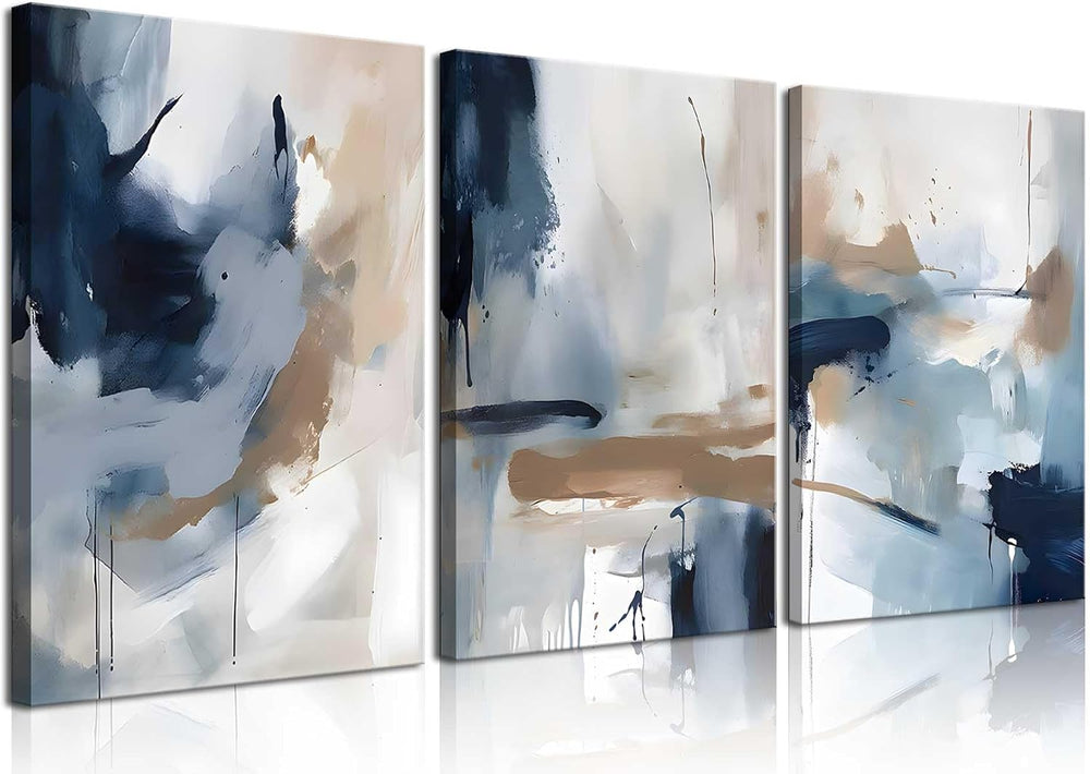 3Pcs Framed Navy Blue Wall Art Abstract Modern Brown Watercolor Canvas Poster...