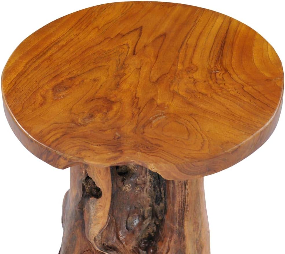 Solid Teak Wood Coffee Table, 15.7-Inch Round Rustic End Table, Handcrafted R...