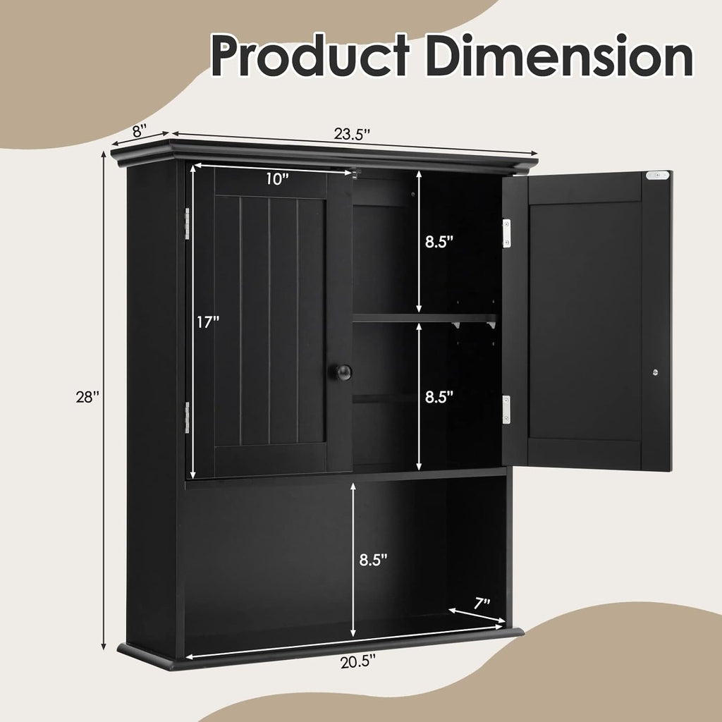 Tangkula Wall Mount Bathroom Cabinet Wooden Medicine Cabinet Storage Organizer with 2-Doors and 1-Shelf Cottage Collection Wall Cabinet (Black)