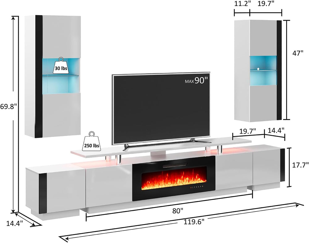 AMERLIFE 80" Fireplace Entertainment Center with Bookshelves Set of 5,Wh...
