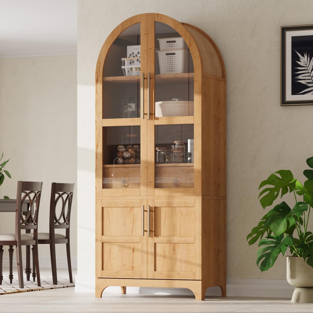 71 Inch Arched Kitchen Pantry Cabinet with Glass Doors and Hidden Drawer, Far...