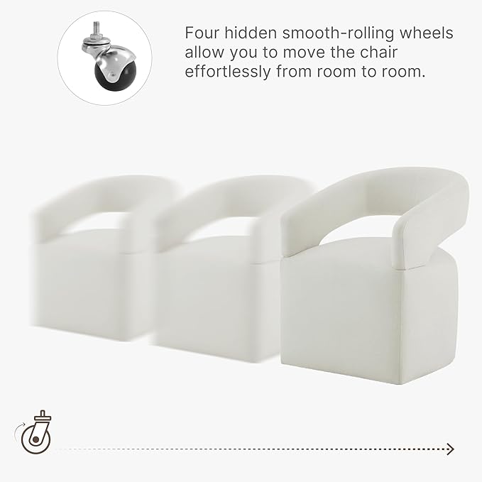 Upholstered Dining Chairs with Removable Casters Barrel Side Armchair with Rollers for Diningroom Bedroom Livingroom Reading Room, Ivory, Set of 2