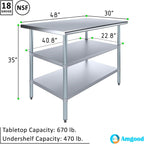 AmGood Stainless Steel Work Table with 2 Shelves | NSF | Metal Utility Table (48" Long x 30" Deep)
