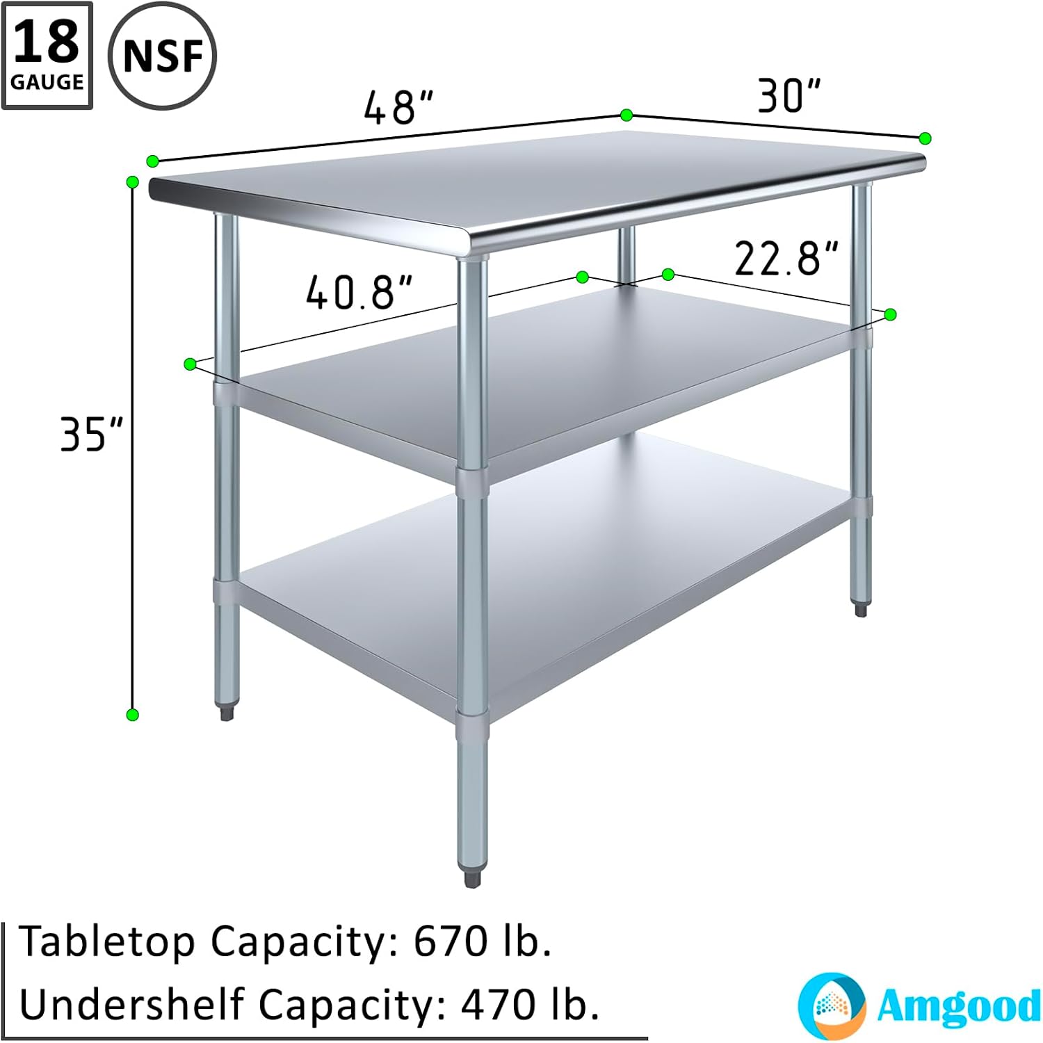 AmGood Stainless Steel Work Table with 2 Shelves | NSF | Metal Utility Table (48" Long x 30" Deep)