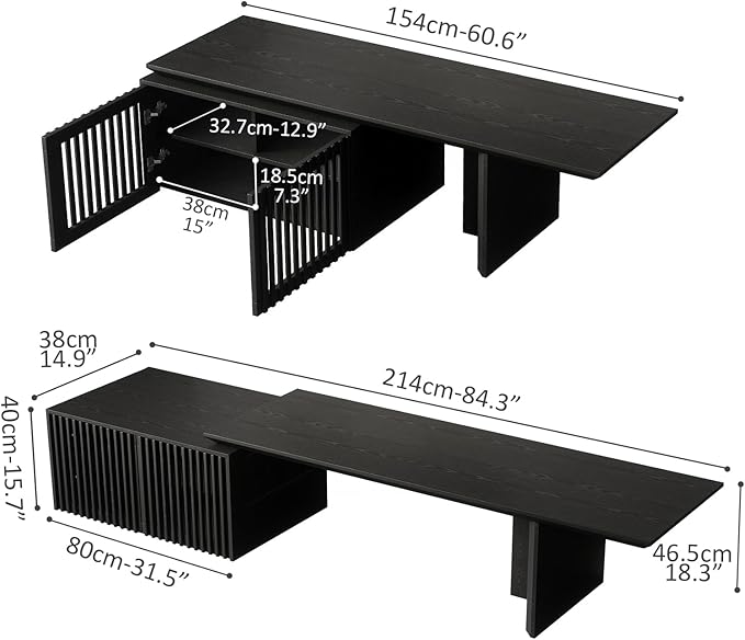 XEW Extendable TV Stand with Storage and Shelves, Wood Entertainment Center for 55+ Inch TV, Modern TV Console, Minimalist Media Console for Living Room, Bedroom-Black (Extendable: 60.6"-84.3")