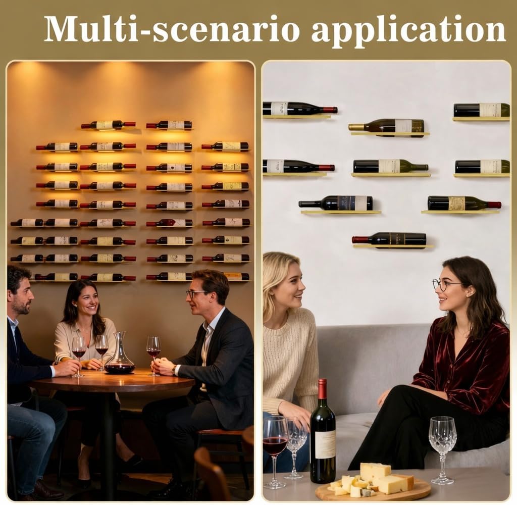 6-Shelf Metal Wall Mounted Wine Rack - Hanging Wine Bottle Holder Organizer for Kitchen, Bar, Home Storage - 6PCS Iron Wine Bottle Display Stand (6PCS-Gold)
