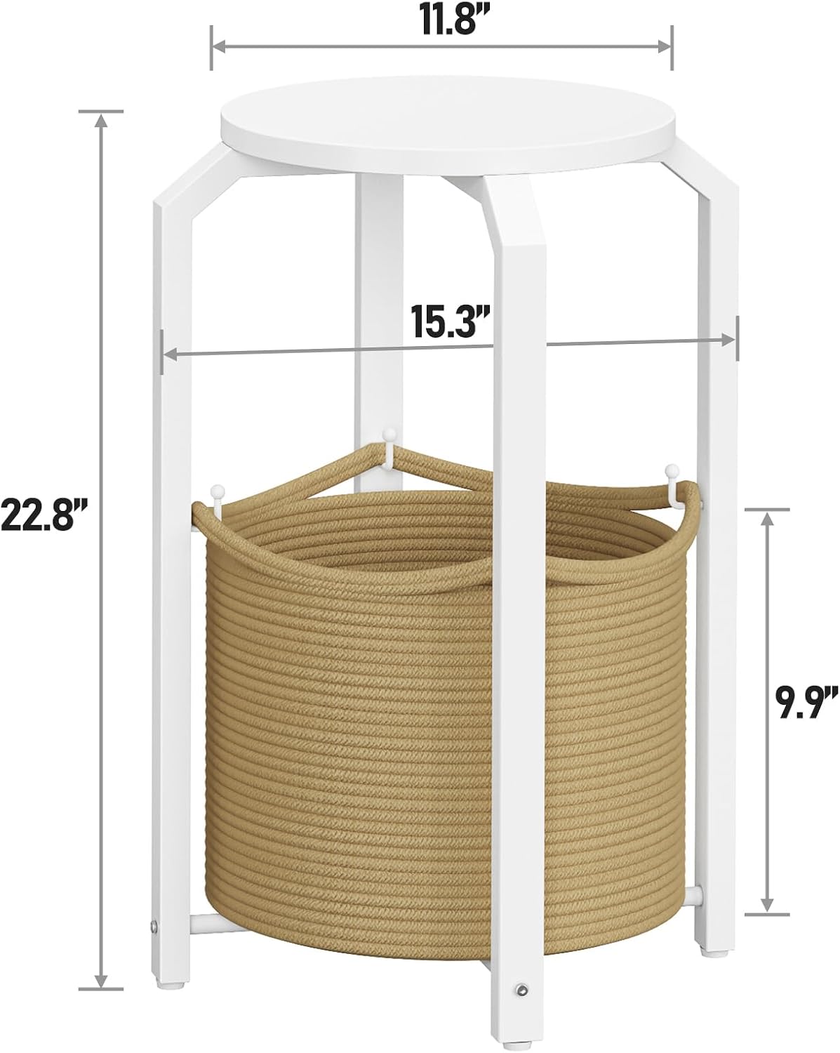 TUTOTAK Round End Table with Woven Storage Basket, White and Beige Small Side Table for Living Room, Bedroom, TB01BWN092
