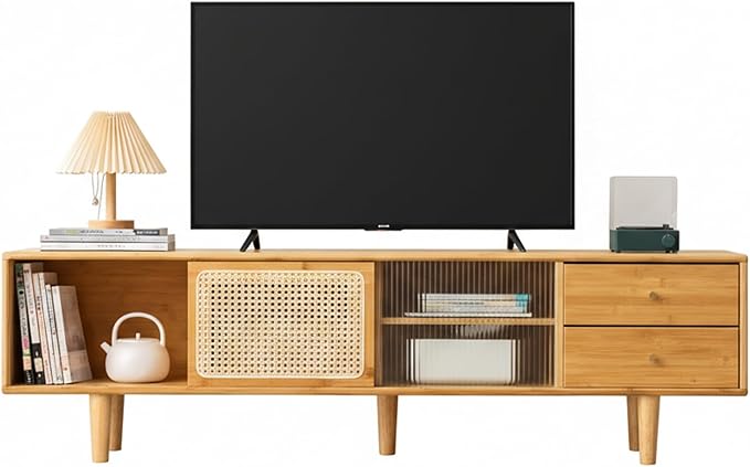 Tiita Rattan TV Stand for 55 65 Inch TV, Bamboo TV Cabinet with 2 Drawers, Boho Entertainment Center with Adjustable Shelf, Mid Century Modern Media Console for Bedroom, Living Room, Wood