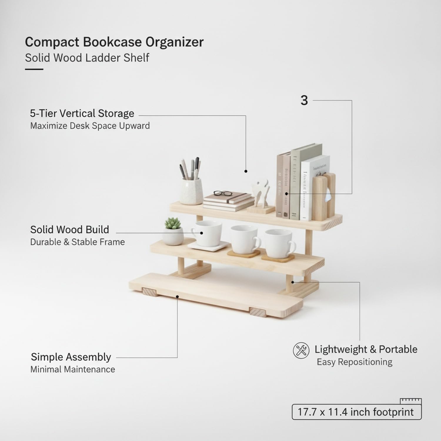 Home Office Users: 5-Tier Solid Wood Ladder Shelf for Desktop Organization, Compact Vertical Bookcase for Small Spaces