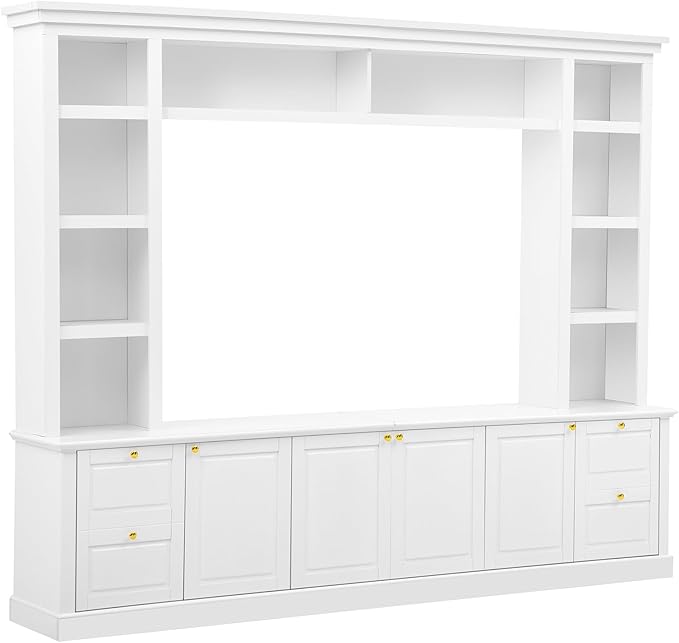 Marzzi Wall Unit TV Stand TVs up to 70", Modern Entertainment Center with 6 Doors Storage Cabinets, Bridge and Bookshelves, Large Media Console, Adjustable Shelves, Painted Finish