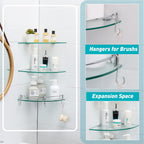 HouseMila Glass Shower Shelves - 3 Tier Corner Shelf with 3 Hangers, Drill Hole Glass Shelves for Bathroom Organizer
