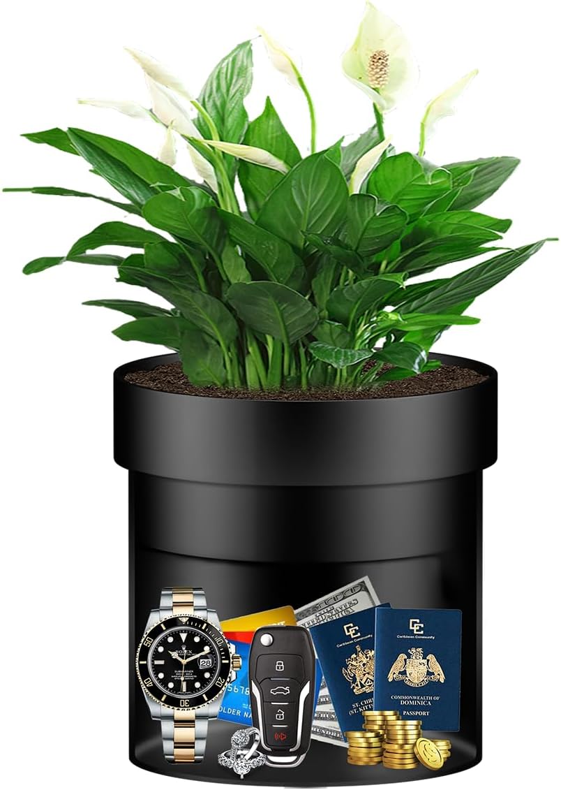 Sdstone Fireresistant Waterproof Flower Pot Diversion Safe with Key Lock,Stainless Steel Secret Hidden Safe,Perfect for Hiding The Valuables Inside (Black) Plants Not Include