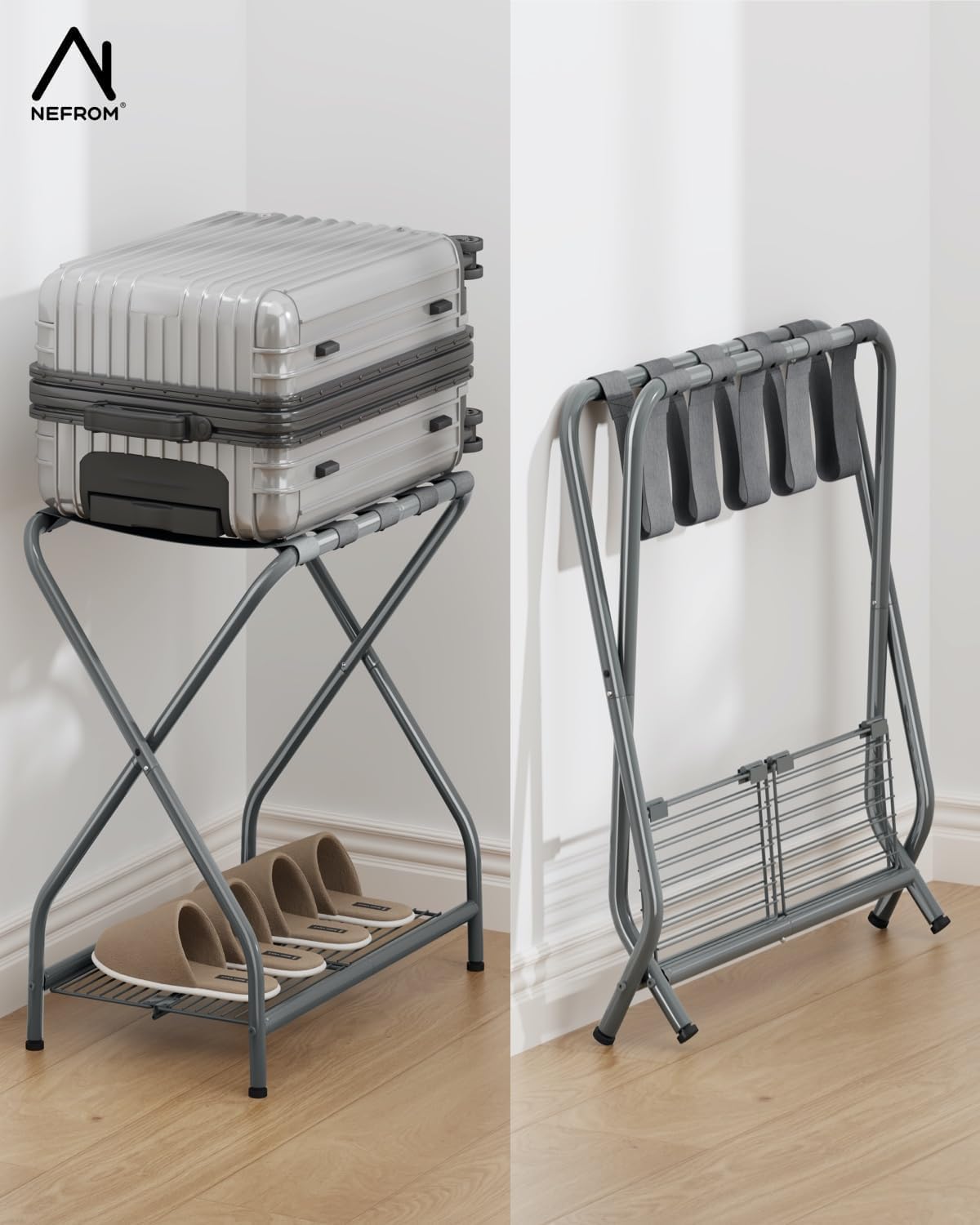 Set of 2 Foldable Gray Luggage Rack Stands with Storage Shelves – Heavy Duty Metal Suitcase Holders, 150 lbs Top, 50 lbs Bottom Each, Fits 20”-28” Luggage – Guest Room, Bedroom, Hotel LR-GY-2