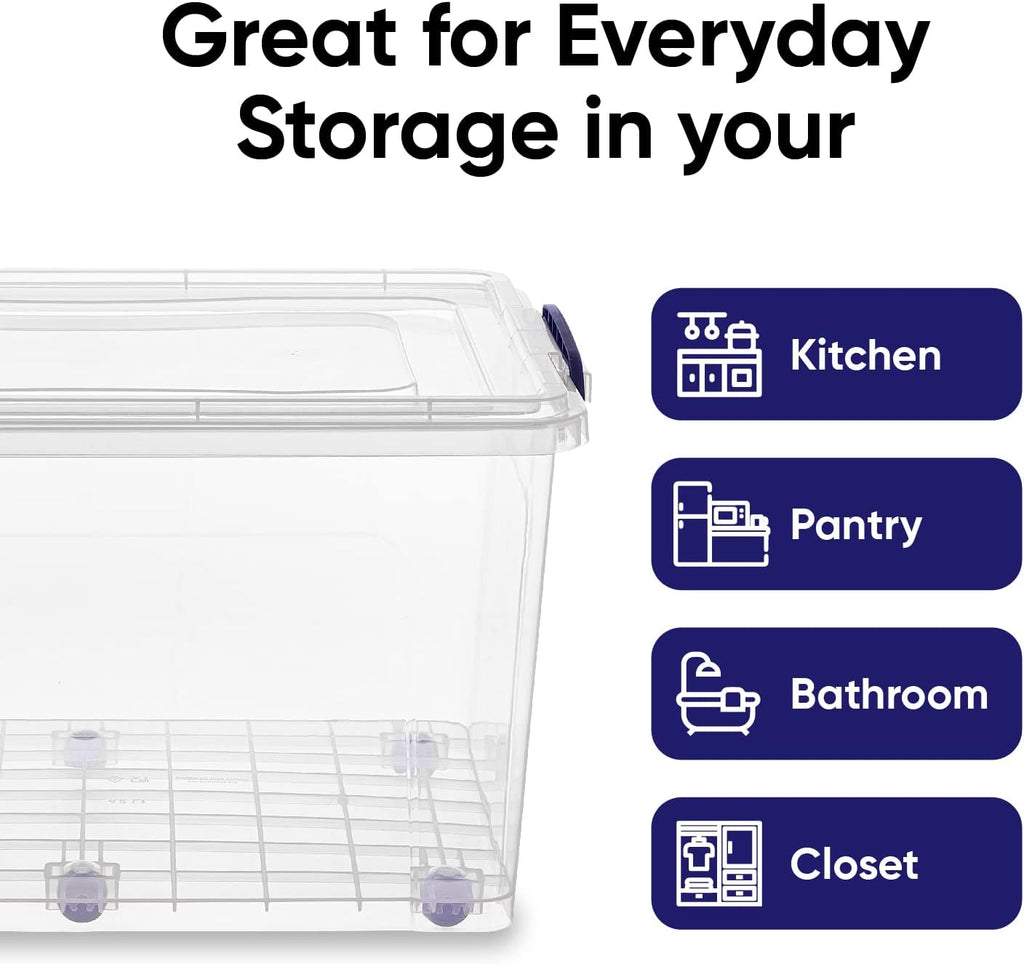 Superio Storage Bins with Lids- Clear Boxes for Organizing, Stackable Plastic Containers- BPA Free, Non-Toxic, Odor Free, Organizer for Home, Office, Dorm (8 Pack, 44 Qt (Wheeled))