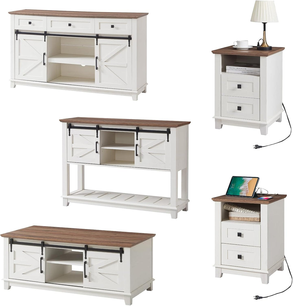 AMERLIFE Living Room Table Set of 5 with 59" TV Stand, Rustic White | Fa...