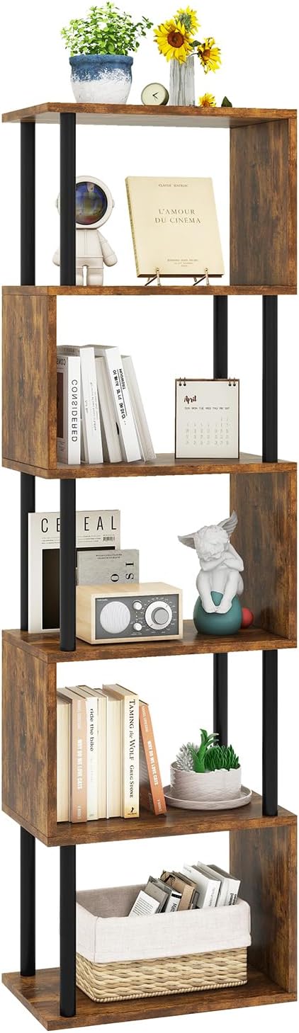 IBUYKE 6-Tier Tall Bookshelf,S-Shaped Geometric Bookcase, Wood Display Shelve...
