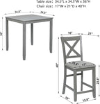 Dining Table Set for 4, Modern Counter Height Kitchen Dining Set, Wooden Table and Chairs with Increase Height Square Table, 4 Upholstered Chairs with Foot Rail for Apartment, Home, Grey