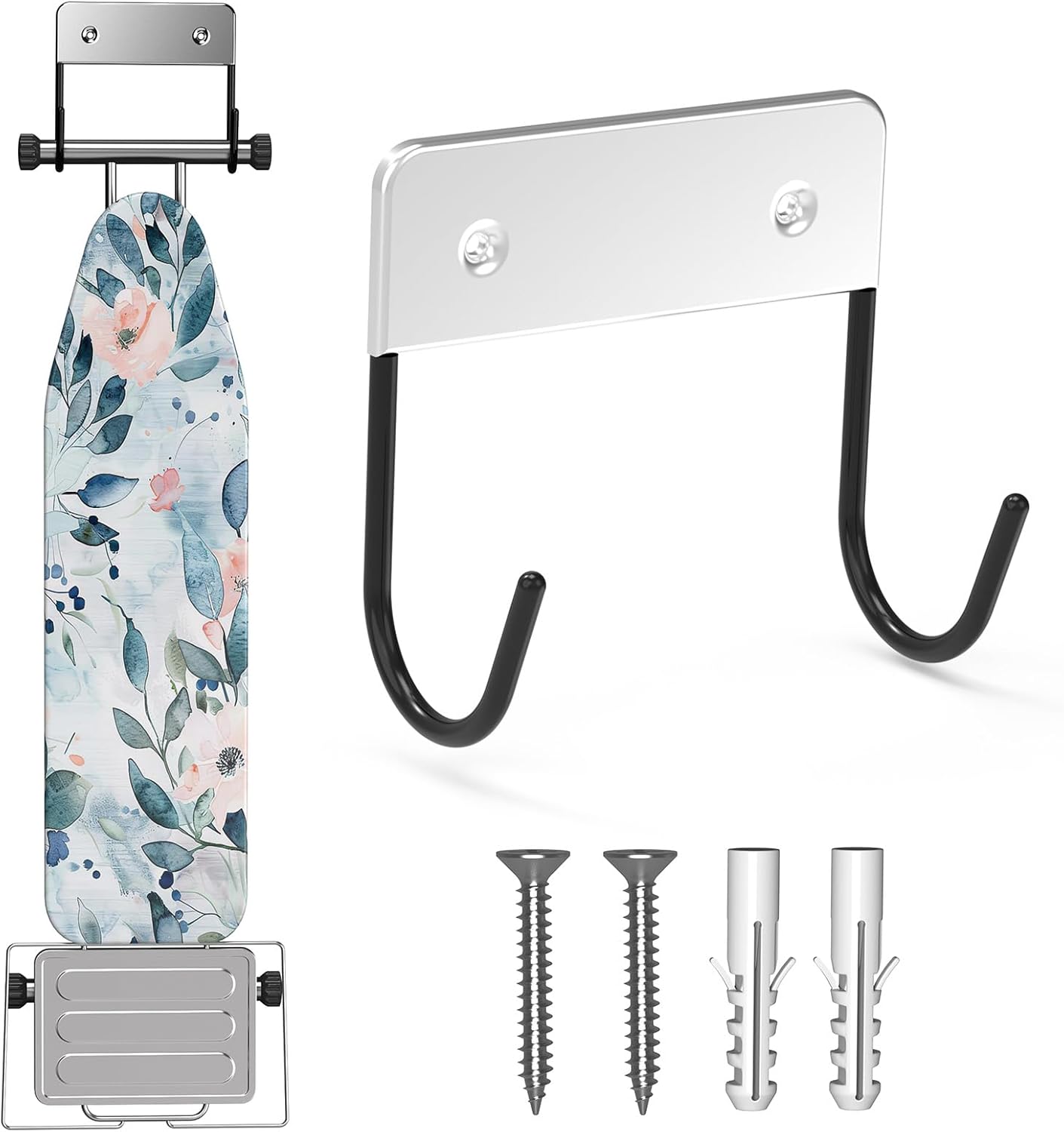 Ironing Board Hanger Wall Mount, Ironing Board Holder for Y or T Shaped,Stainless Steel Wall Hook Iron Board Holder for Laundry Rooms with 2 Hooks (Black)
