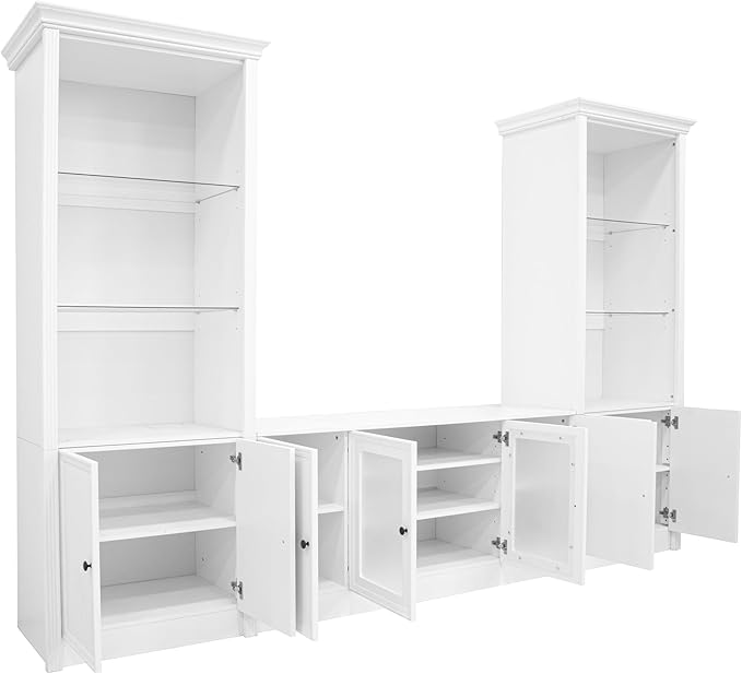 128.2" W Wall Unit Entertainment Center with Bookshelves for TVs up to 80", Multifunctional TV Stand Media Console with Tempered Glass Cabinets and Adjustable Shelves for Living Room (White-1.28)