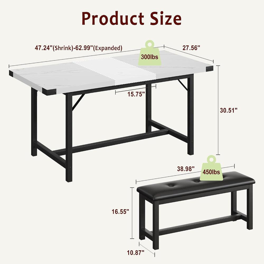 Garvee 63 in Extendable Dining Table Set for 4-6 People, 3-Piece Kitchen Tabl...