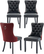 Velvet Dining Chairs Set of 4, High-end Tufted Upholstered Dining Chair with Ring Pull and Solid Wood Legs, Modern Dining Room Chairs for Dining Room, Black PU & Burgundy Velvet