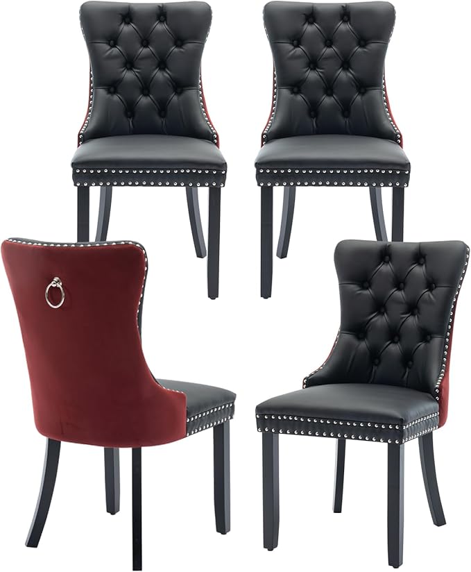 Velvet Dining Chairs Set of 4, High-end Tufted Upholstered Dining Chair with Ring Pull and Solid Wood Legs, Modern Dining Room Chairs for Dining Room, Black PU & Burgundy Velvet