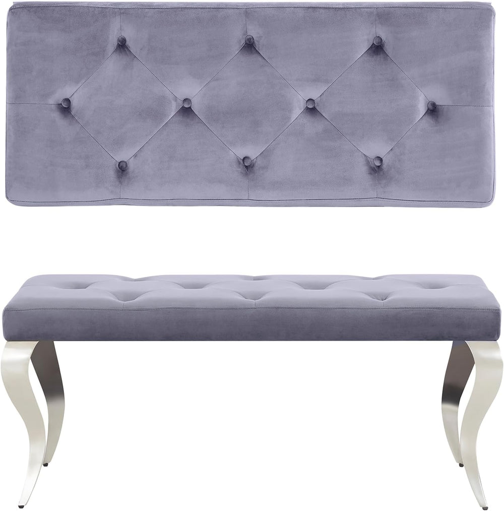 AUZ Grey Velvet Upholstered Bench with Gorgeous Silver Mirrored Curved Legs |...