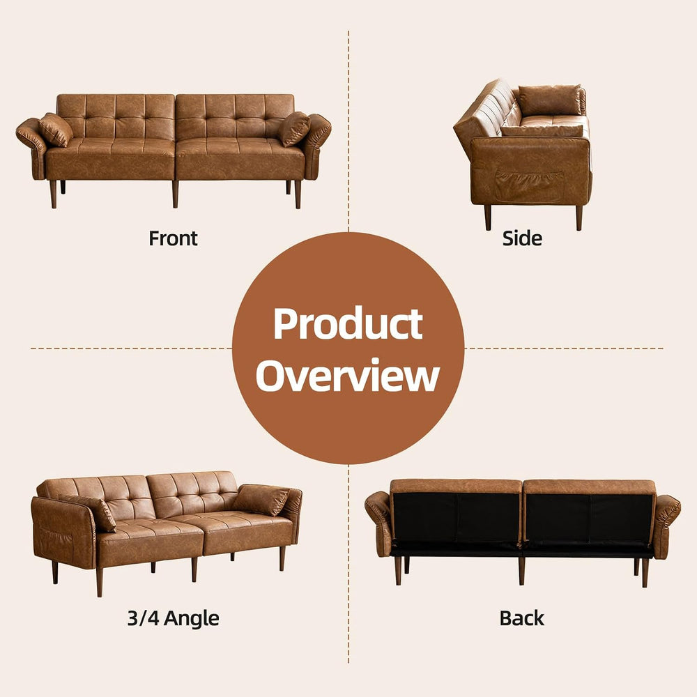 HALLYBEE 85" Futon Faux Leather Couch with Adjustable Armrests Brown | F...