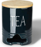 Farmhouse Ceramic Tea Bag Holder with Wood Lid for Countertop (Navy)