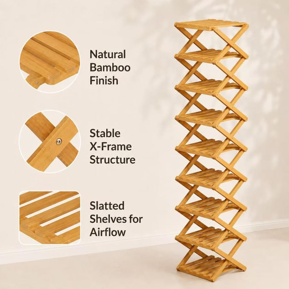 8-Tier Folding Shoe Rack, Vertical Space-Saving Storage Organizer, Heavy-Duty Foldable Shoe Shelf for Entryway, Closet, Bedroom