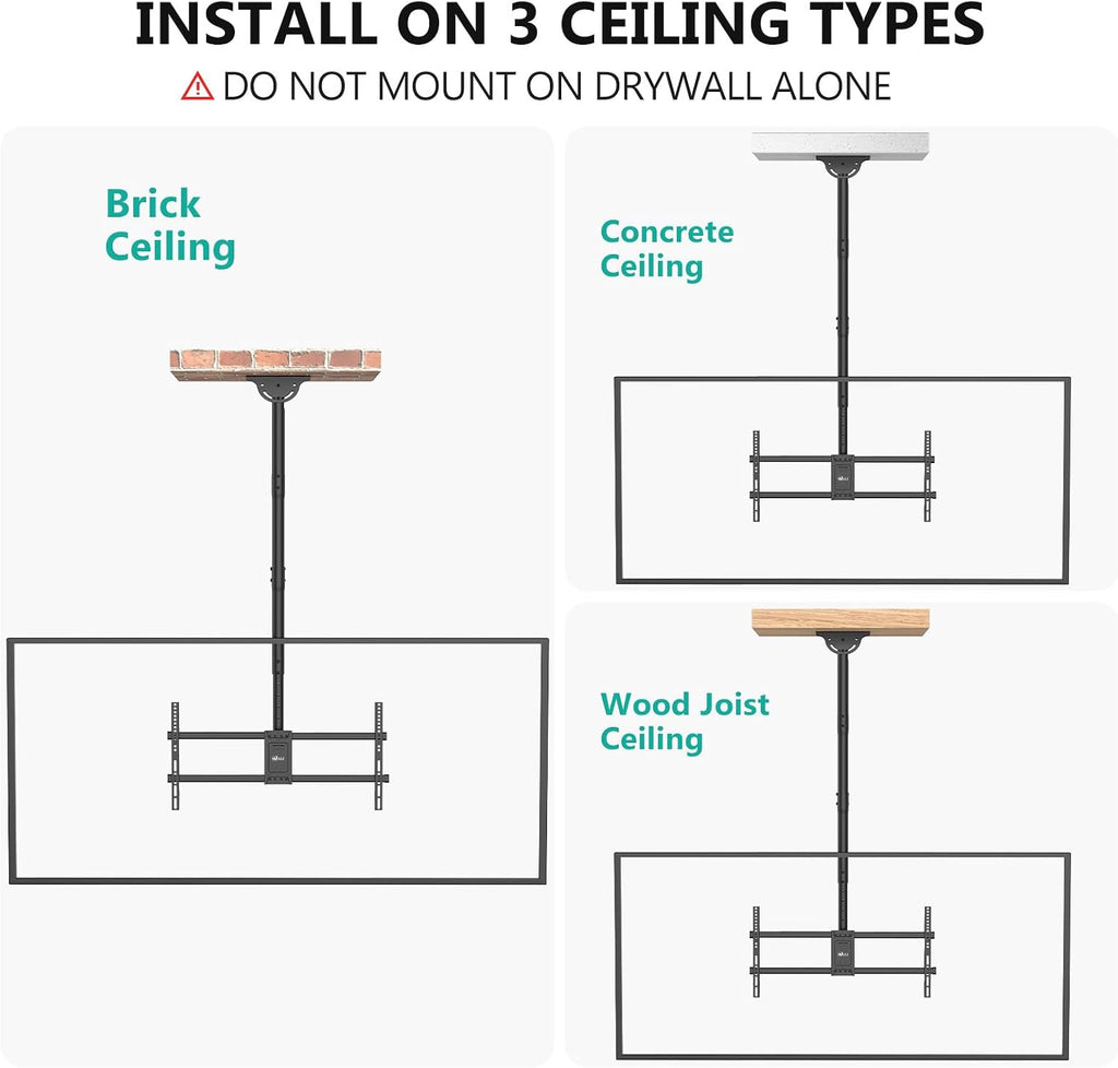 WALI Ceiling TV Mount for 37-90 Inch TVs, Extra Long Arm Ceiling Mount TV Bracket, Telescoping Height Adjustable Hanging Pole TVs Ceiling Mount, Holds 220 lbs, Max VESA 800x400mm (CM3790XL), Black