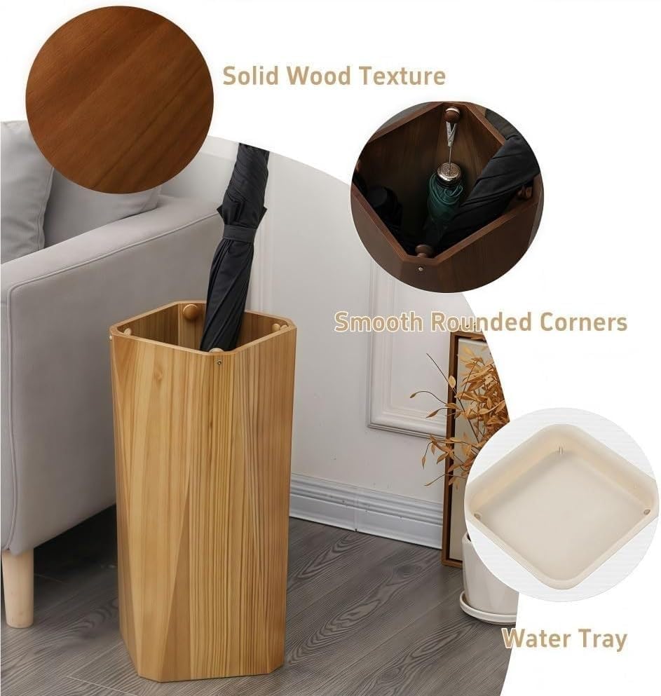 Wooden Umbrella Holder Solid Wood Storage Bucket Stylish Drain Rack Umbrella Stand Organizer Bin for Hotel Supermarket Office,Natural Wood