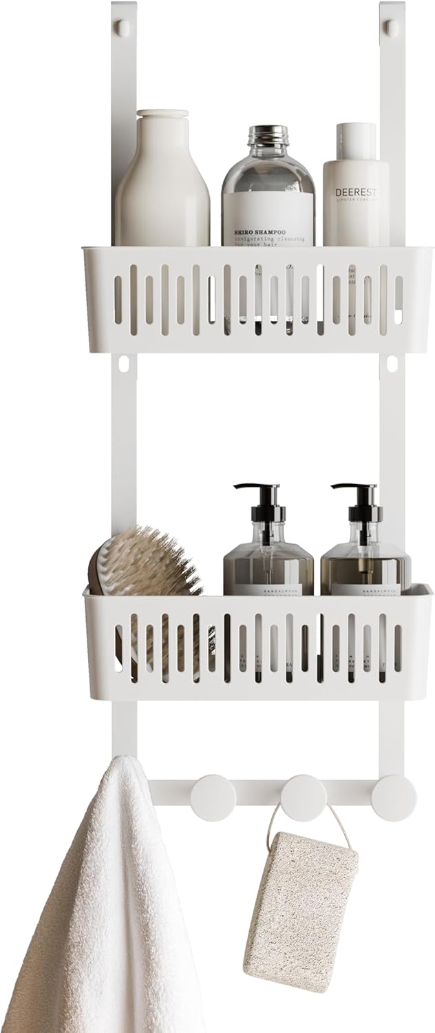 Zenna Home SnugFit Over the Door Caddy Organizer with 2 Storage Baskets and 4 Hooks, Over Door Hanging Organizer for Bathroom, Kitchen, Bedroom, Closet, Easy to Install, No Drilling, White