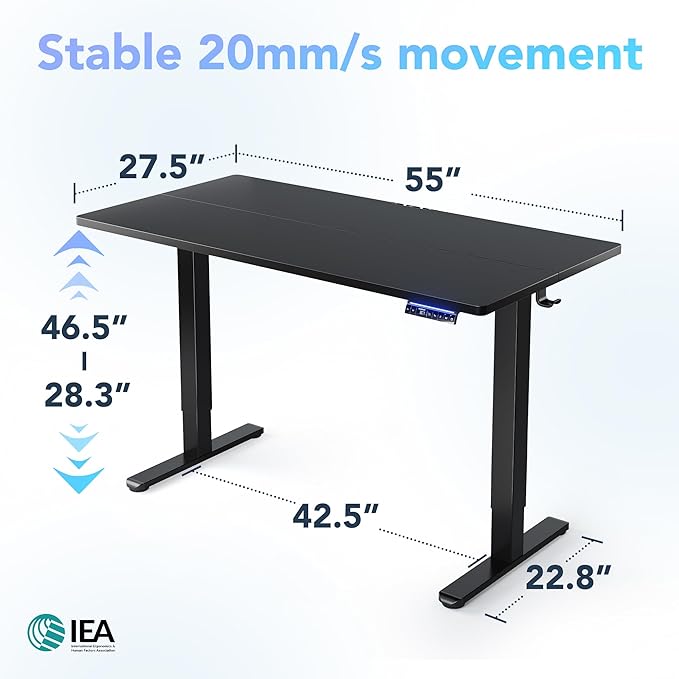 HUANUO 55 inch Electric Standing Desk with Smart APP, Alexa & Google Voice Control, Wi-Fi, Adjustable Height, 6 Memory Settings, Sedentary Reminder, Posture & Neck Care, Sit-Stand Desk, Black