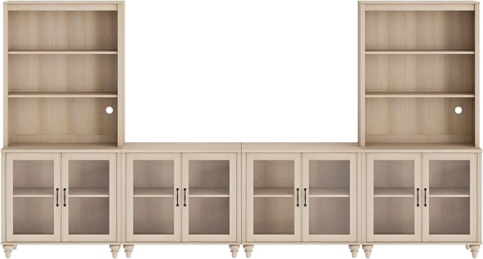 WAMPAT Entertainment Center with Bookshelves for TVs up to 75", Farmhouse Wall Unit TV Stand with Glass Doors, Media Console Table for Living Room, Bedroom & Home Theater, Light Oak