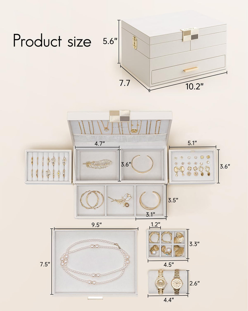 Vlando 3 Layer Jewelry Box - Women Jewelry Box with Retractable Tray - Jewelry Organizers with Drawer for Necklaces, Rings, Bracelets, Earrings, Gift for Couples Mom Girls - Could White